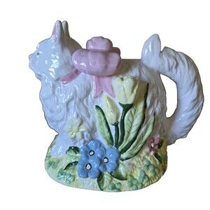 Cat Teapot Bow Lid White Floral novelty Ceramic